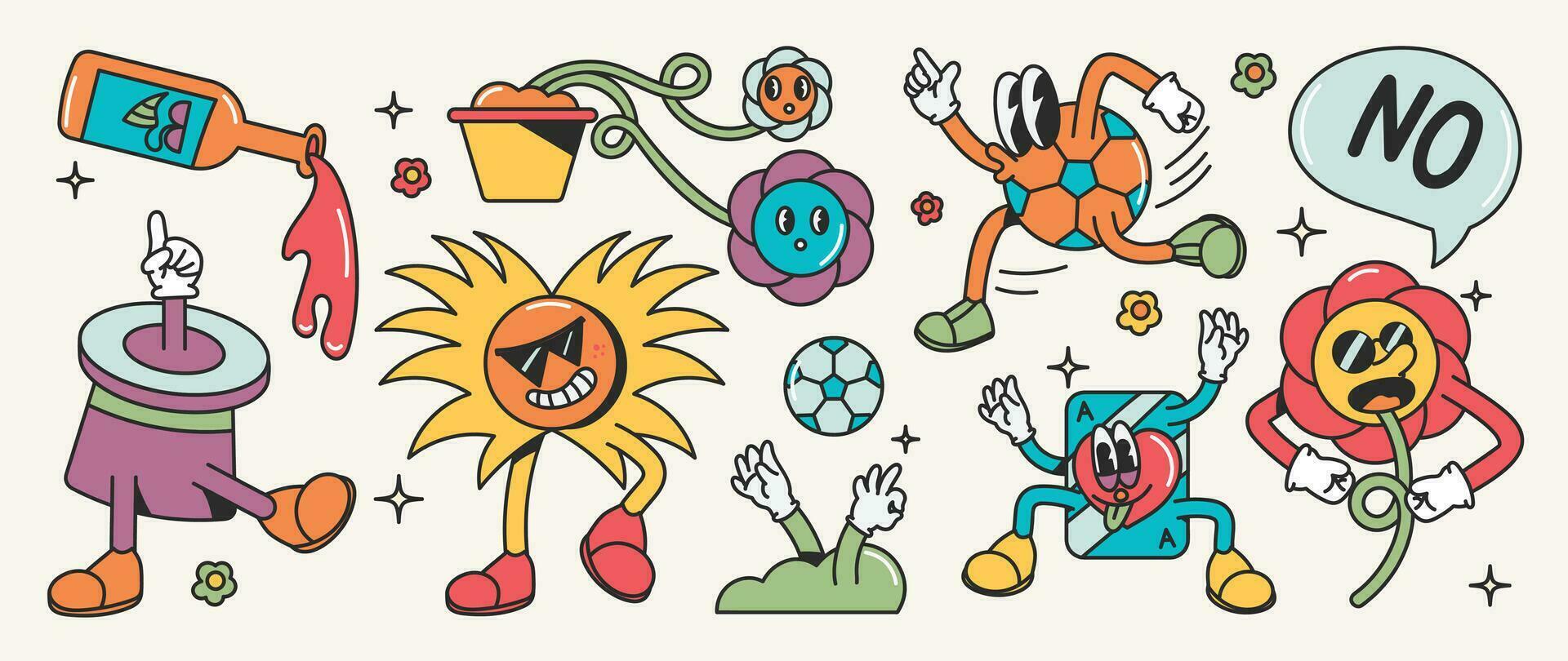 Set of 70s groovy element vector. Collection of cartoon characters, doodle smile face, bottle, vase, flower, ball, sun, cloud, speech bubble. Cute retro groovy hippie design for decorative, sticker. vector