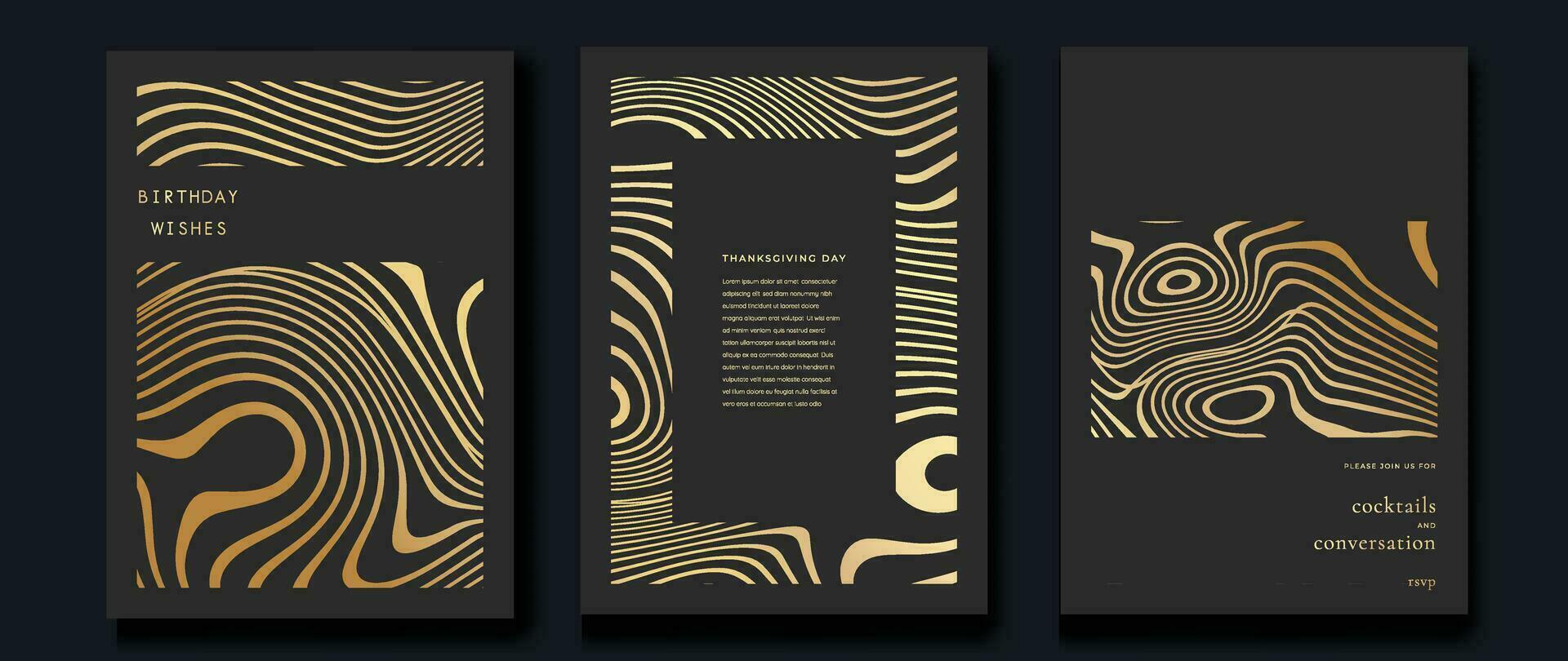 lujo gala invitación tarjeta antecedentes vector. dorado elegante ondulado oro línea modelo en negro antecedentes. prima diseño ilustración para Boda y VIP cubrir plantilla, grandioso apertura. vector