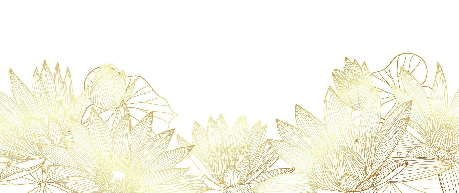 Luxury golden lotus flower line art background vector. Natural botanical elegant flower with gold line art. Design illustration for decoration, wall decor, wallpaper, cover, banner, poster, card. vector