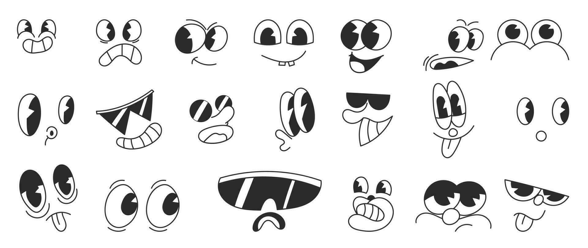 Set of 70s groovy comic faces vector. Collection of cartoon character faces, in different emotions, happy, angry, sad, cheerful. Cute retro groovy hippie illustration for decorative, sticker. vector