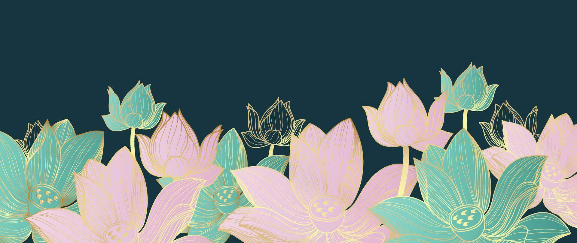 Luxury golden lotus flower line art background vector. Natural botanical elegant flower with gold line art. Design illustration for decoration, wall decor, wallpaper, cover, banner, poster, card. vector