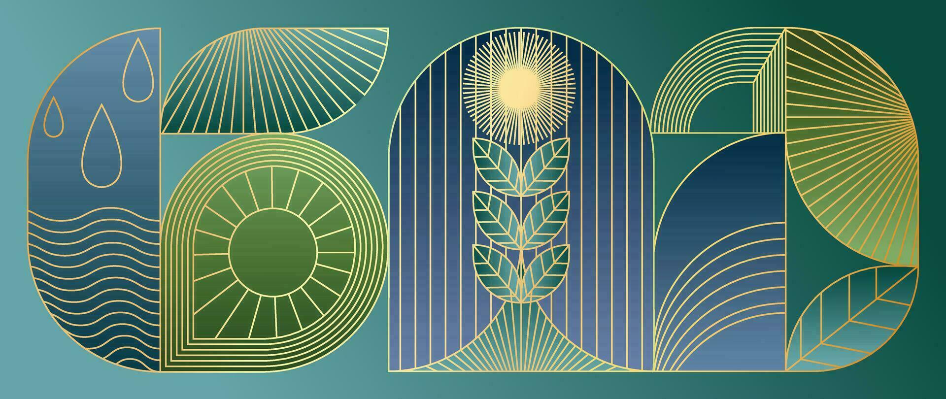 Luxury geometric gold line art and art deco background vector. Abstract geometric frame and elegant gothic sun rays, leaves. Illustration design for invitation, banner, vip, interior, decoration. vector