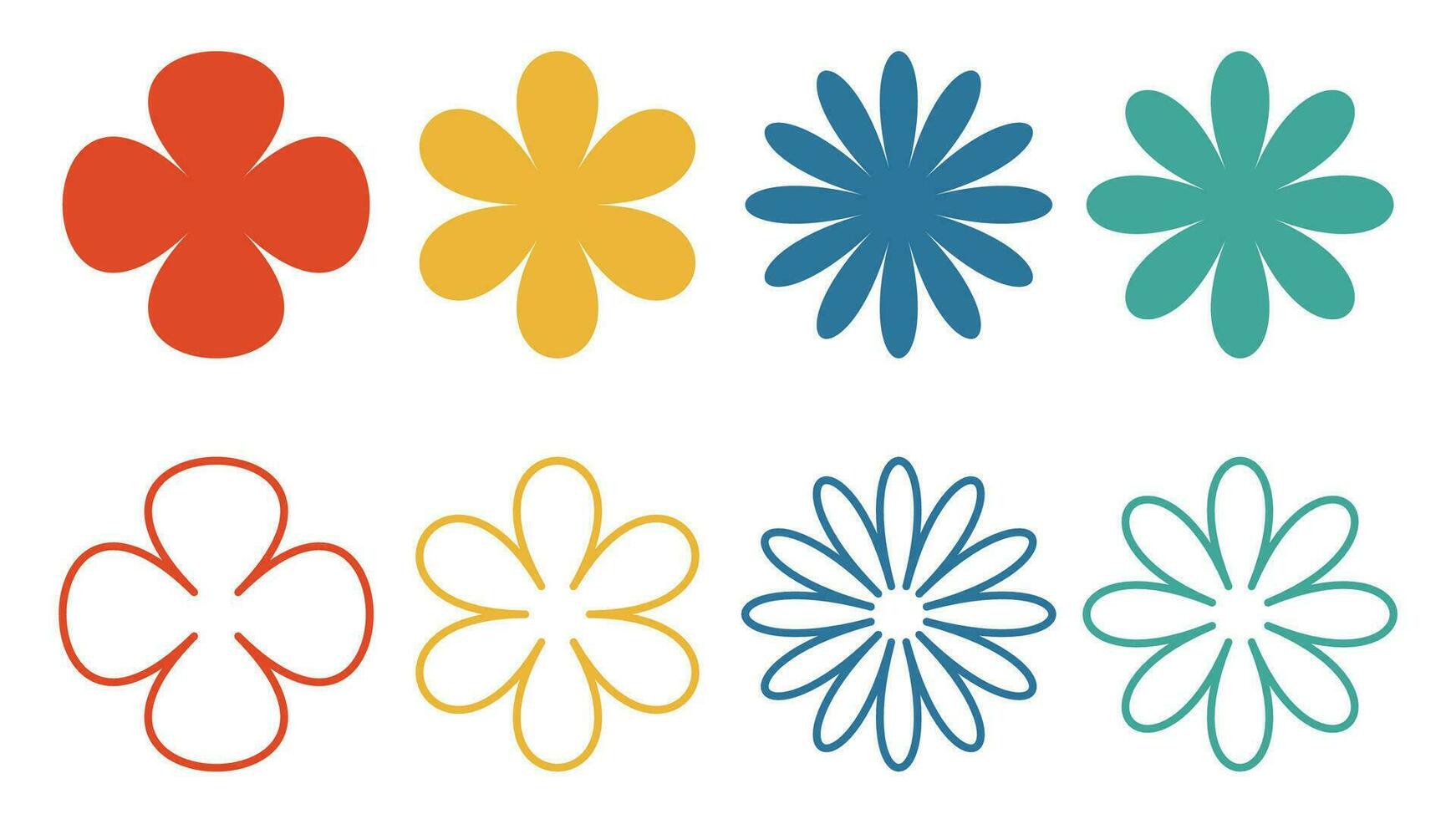 Colorful flat flowers isolated, Outline flowers vector