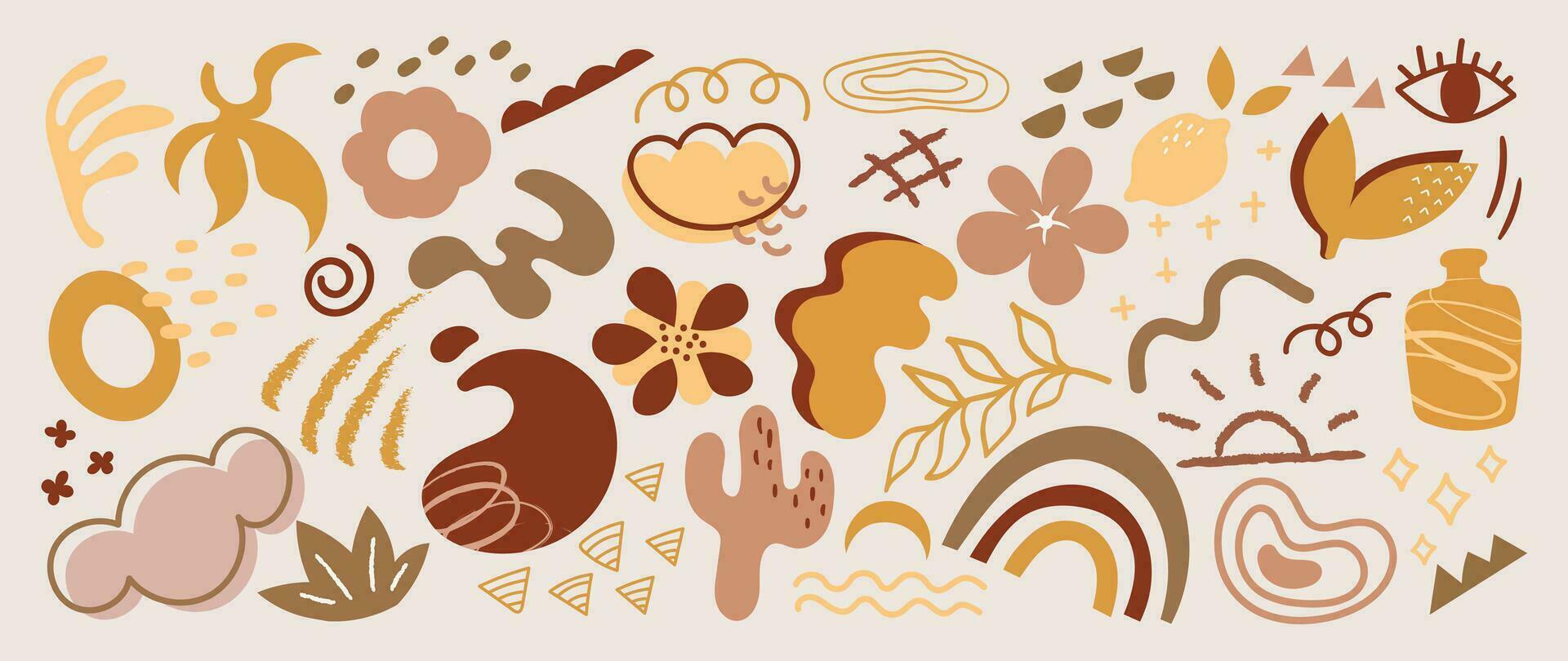 Minimalist abstract art shapes vector collection. Set of doodle elements, hand drawn organic shape, leaves, coral, moon. Minimal style element with earth tone for decoration, ads, prints, branding.