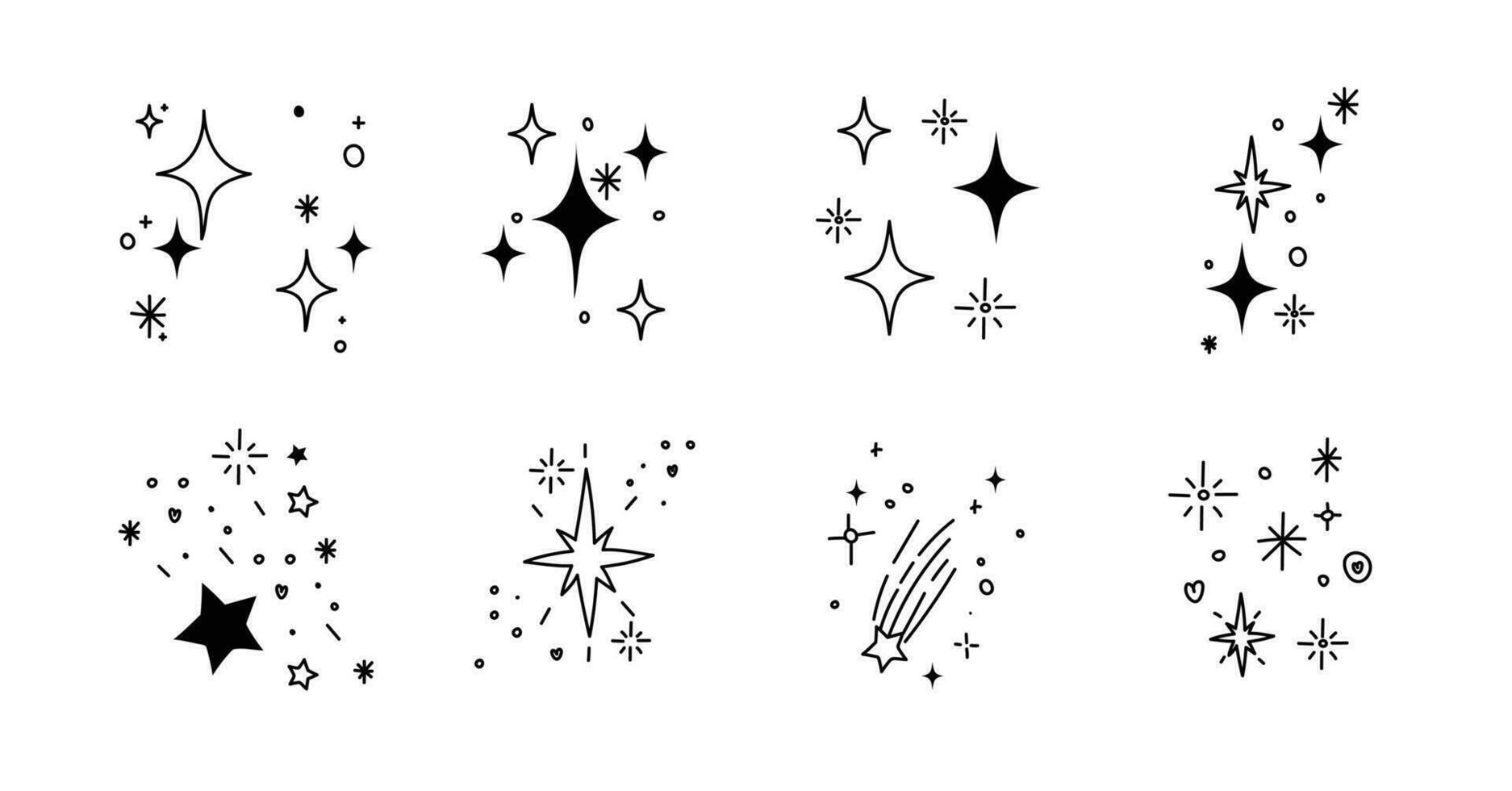 Set of cute sparkle doodle element vector. Hand drawn doodle style collection of different sparkle, firework, stars. Illustration design for print, cartoon, card, decoration, sticker, icon. vector