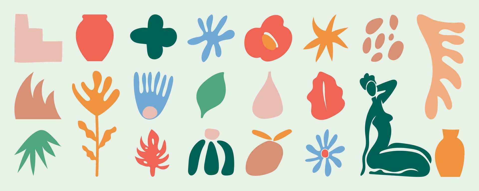 Set of abstract organic shapes inspired by matisse. Plants, leaf, people, algae, vase in paper cut collage style. Contemporary aesthetic vector element for logo, decoration, print, cover, wallpaper.