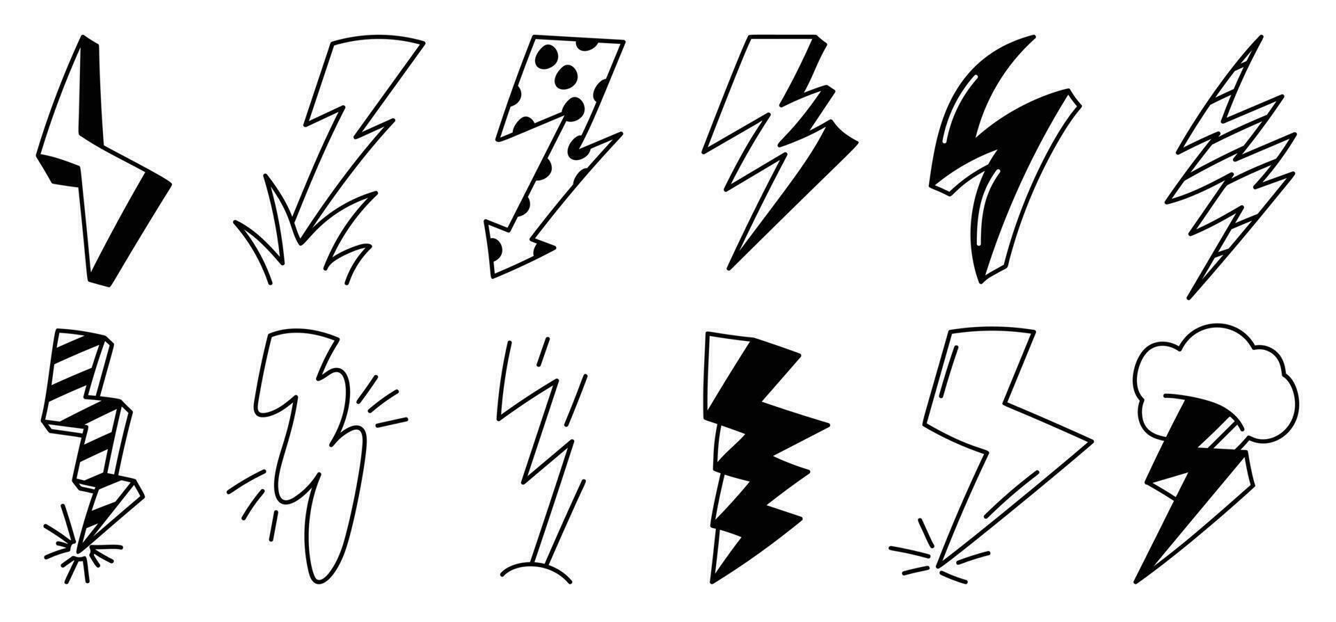 Set of thunderbolt doodle element vector. Hand drawn doodle style collection of different electric lightning bolt symbol. Illustration design for print, cartoon, card, decoration, sticker, icon. vector