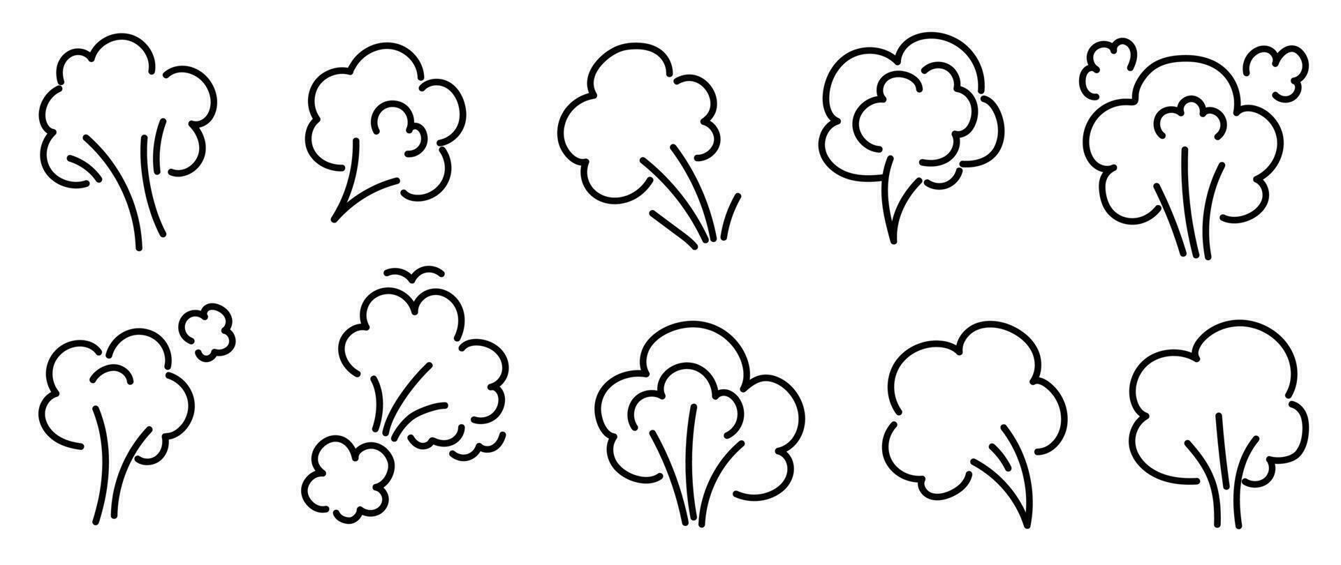 Set of cute smoke doodle element vector. Hand drawn doodle style collection of different cloud, smoke, farting. Illustration design for print, cartoon, card, decoration, sticker, icon, comic. vector