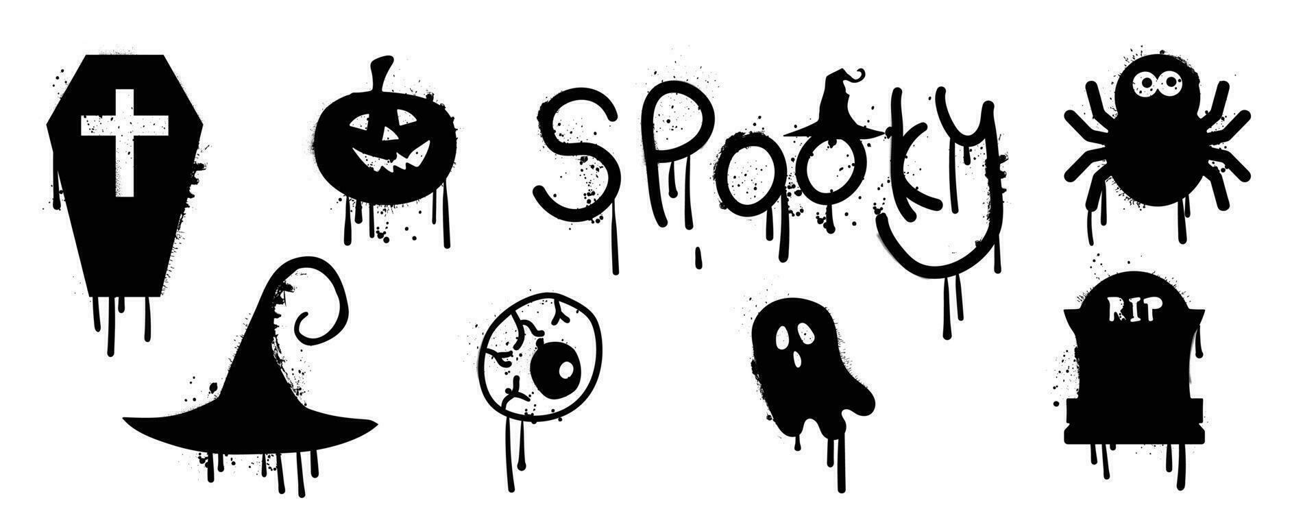 Set of graffiti spray pattern. Collection of halloween symbols, ghost, hat, pumpkin, eye, spider, spooky with spray texture. Elements on white background for sticker, banner, decoration, street art. vector