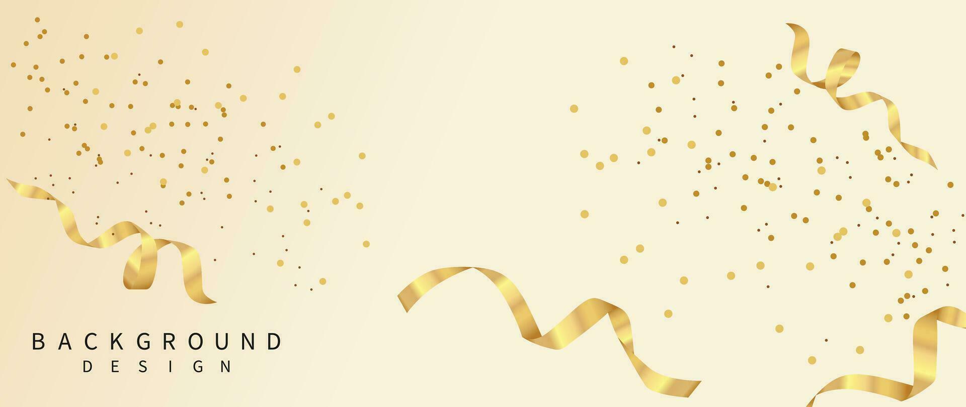 Golden ribbon falling from side background vector. Abstract vibrant ribbon and confetti streamers template design. Celebration festival wallpaper design for opening, party, birthday, backdrop. vector
