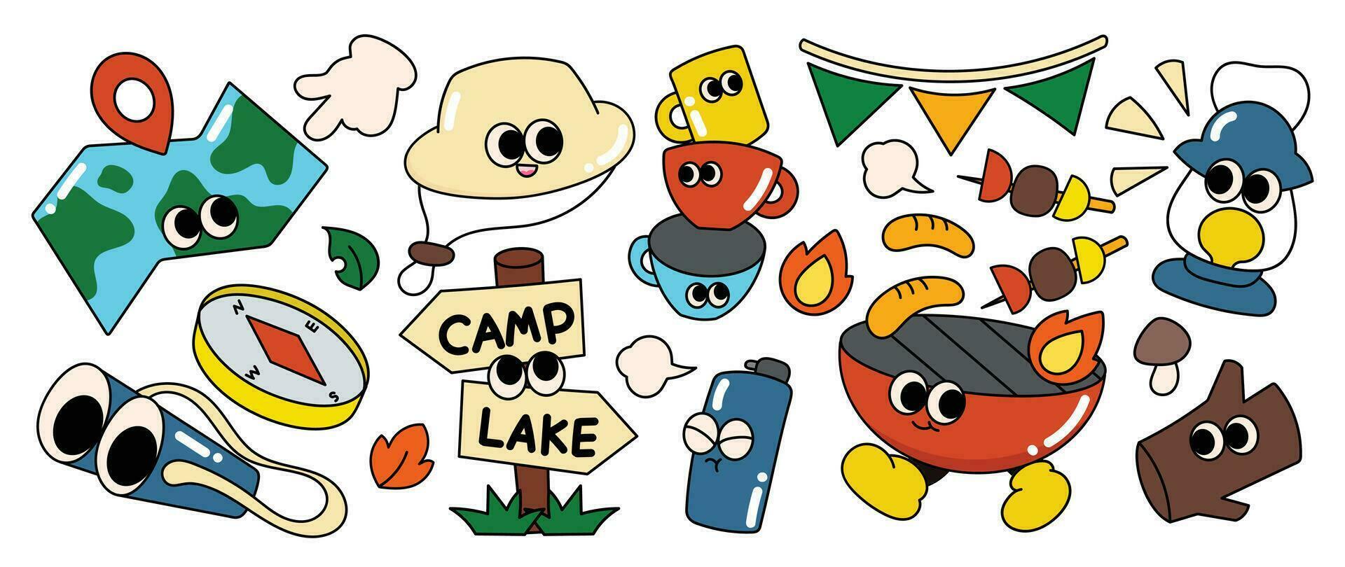 Set of 70s groovy element in camping concept vector. Collection of cartoon character, doodle smile face, lantern, flag,map, compass, binocular. Cute retro groovy hippie design for decorative, sticker. vector