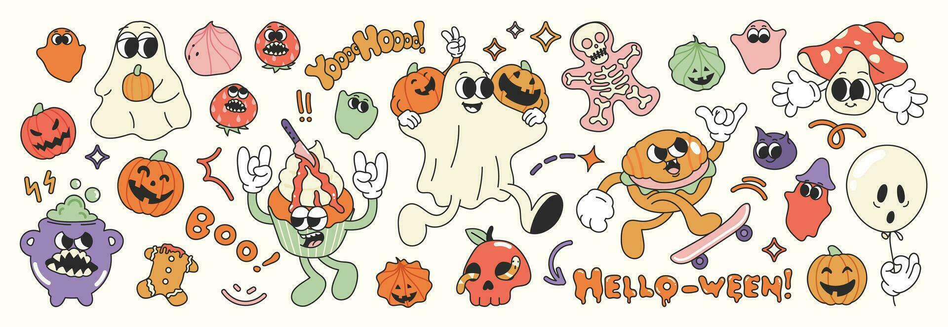 Happy Halloween day 70s groovy vector. Collection of ghost characters, doodle smile face, pumpkin, skull, cupcake, hamburger, cauldron, worm. Cute retro groovy hippie design for decorative, sticker. vector