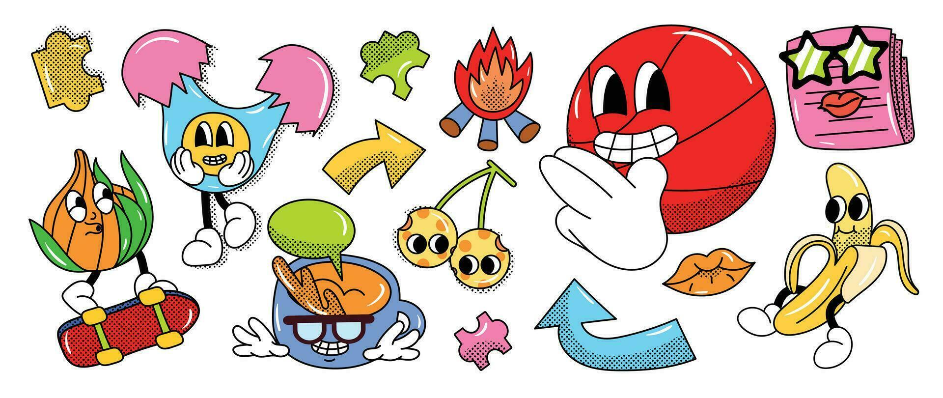 Set of 70s groovy element vector. Collection of cartoon characters, doodle smile face, garlic, egg, skateboard, banana, paper, basketball. Cute retro groovy hippie design for decorative, sticker. vector