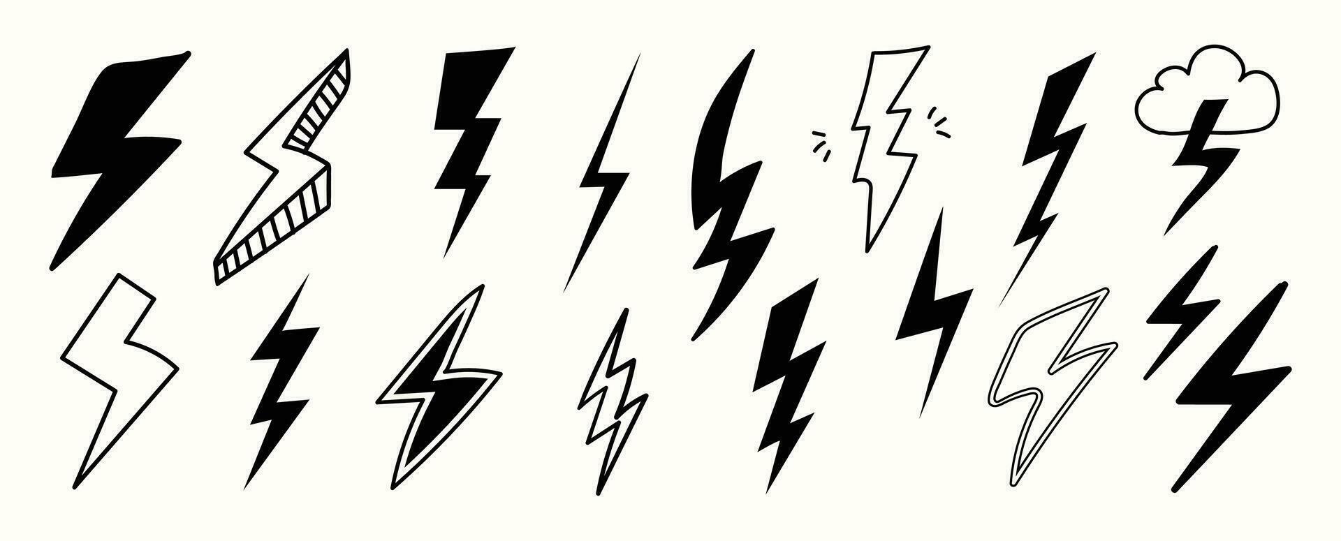 Set of thunderbolt doodle element vector. Hand drawn doodle style collection of different electric lightning bolt symbol. Illustration design for print, cartoon, card, decoration, sticker, icon. vector