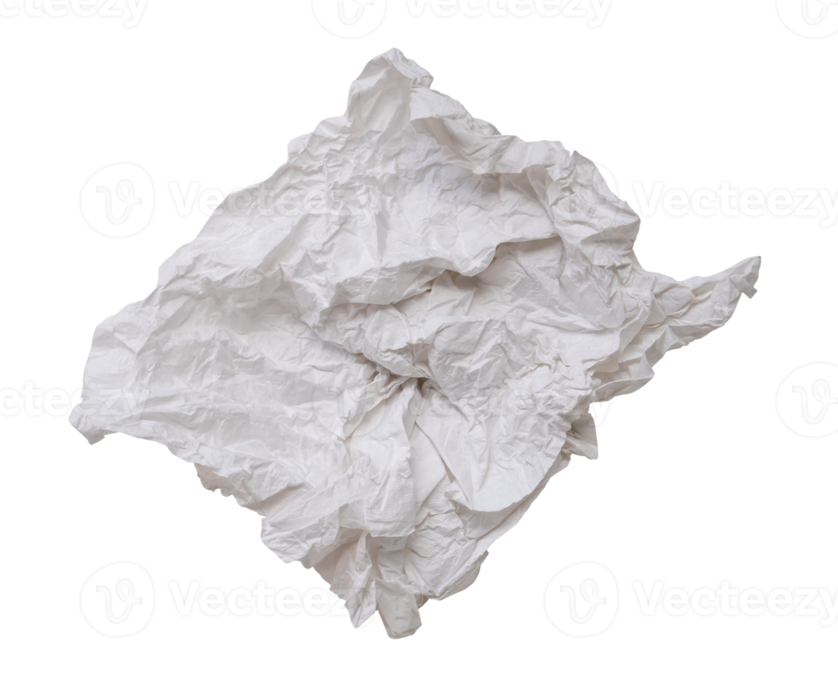 Single screwed or crumpled tissue paper or napkin in strange shape after use in toilet or restroom isolated with clipping path in png file format