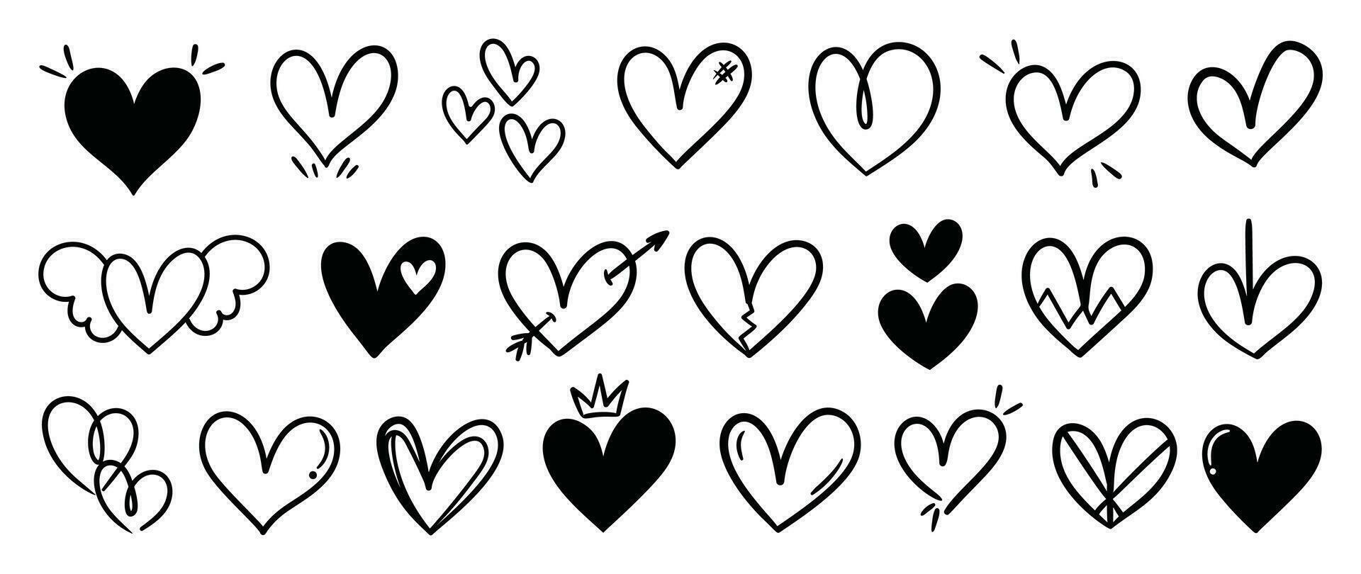 Set of heart doodle element vector. Hand drawn doodle style collection of different heart, love symbol. Illustration design for print, cartoon, card, decoration, sticker, icon, valentine day. vector