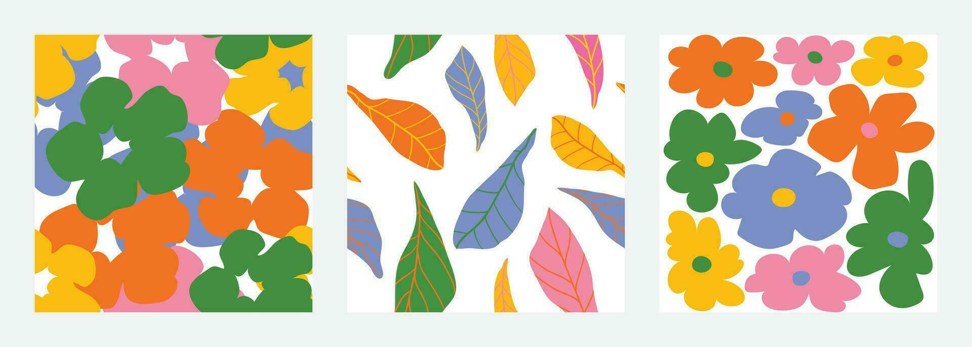 Set of doodle in seamless pattern. Abstract art background vector design with childish scribble, flower, leaf in vibrant color. Fun creative illustration for kids, fabric, prints, cover.