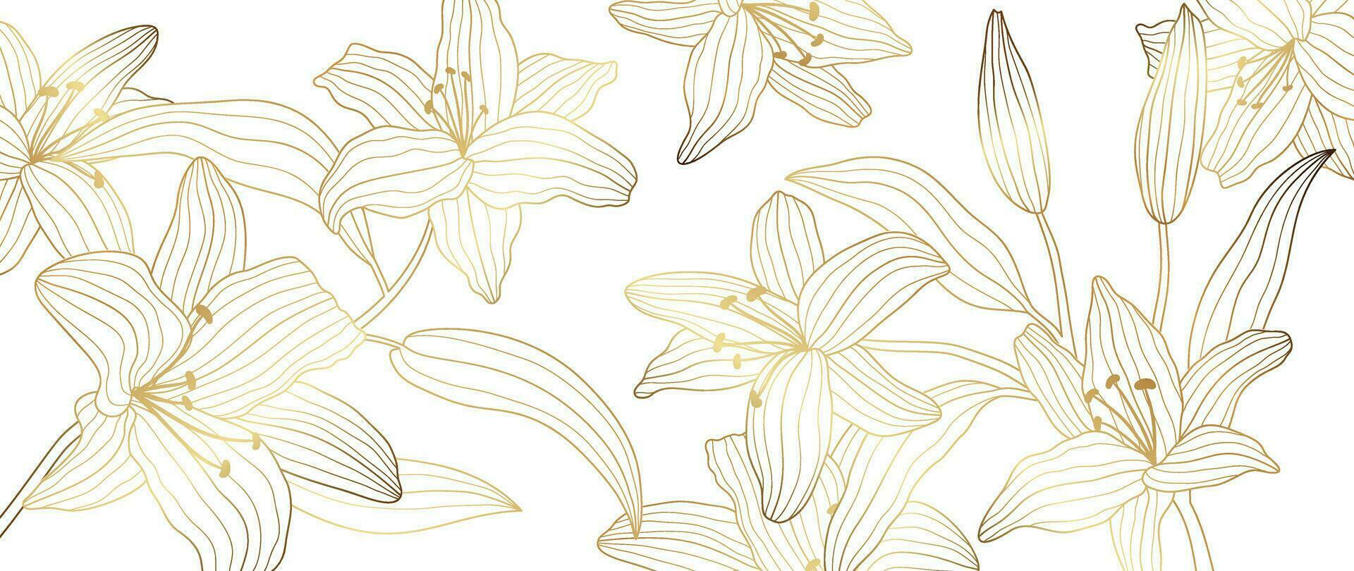 Luxury golden lily flower line art background vector. Natural botanical elegant flower with gold line art. Design illustration for decoration, wall decor, wallpaper, cover, banner, poster, card. vector