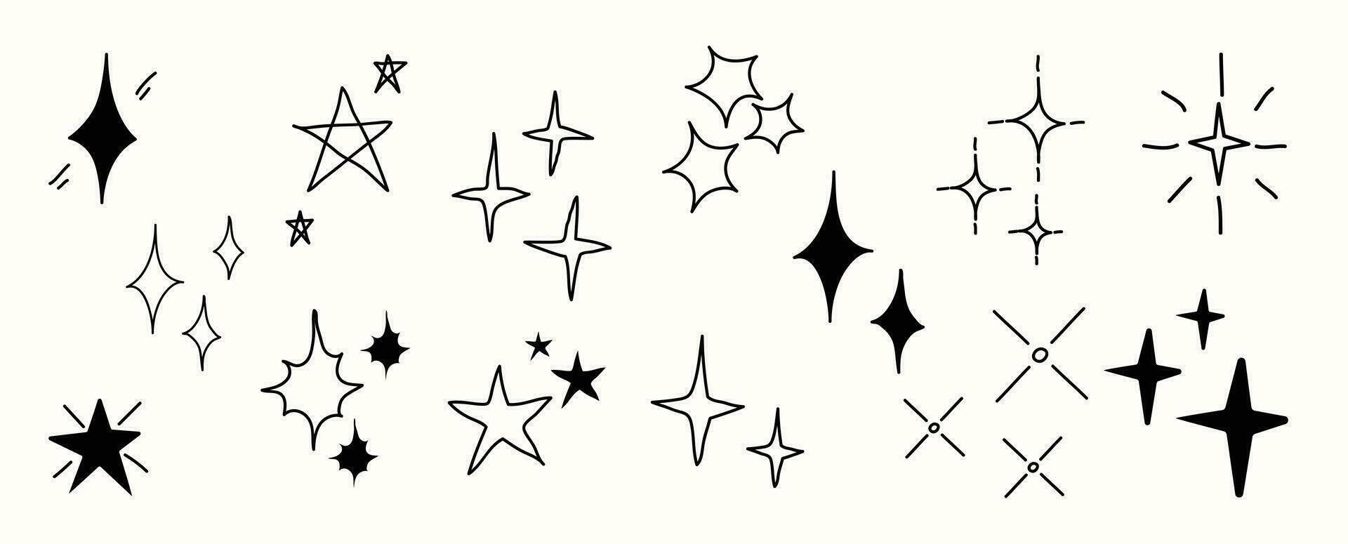 Set of cute sparkle doodle element vector. Hand drawn doodle style collection of different sparkle, firework, stars. Illustration design for print, cartoon, card, decoration, sticker, icon. vector