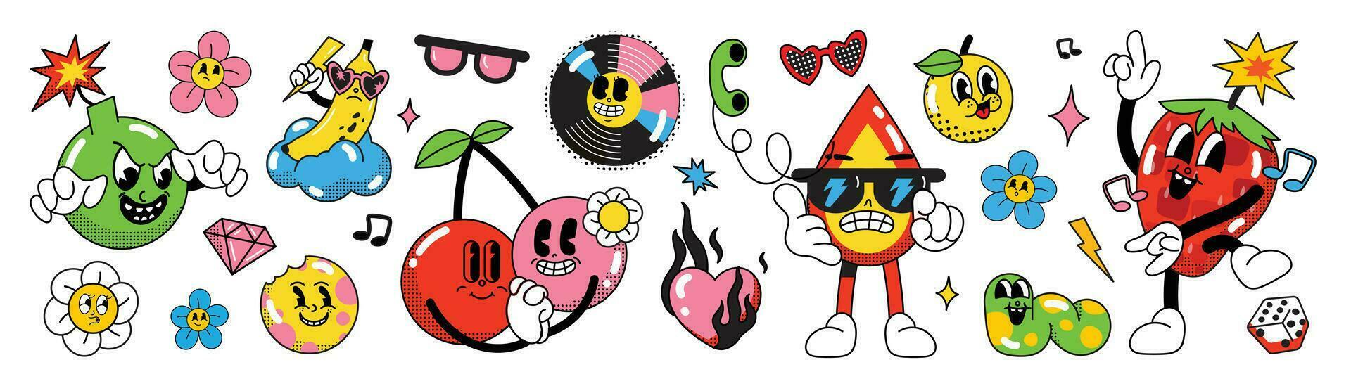 conjunto de 70s maravilloso elemento vector. colección de dibujos animados caracteres, garabatear sonrisa rostro, bomba, banana, sangre, fresa, trama de semitonos textura. linda retro maravilloso hippie diseño para decorativo, pegatina. vector