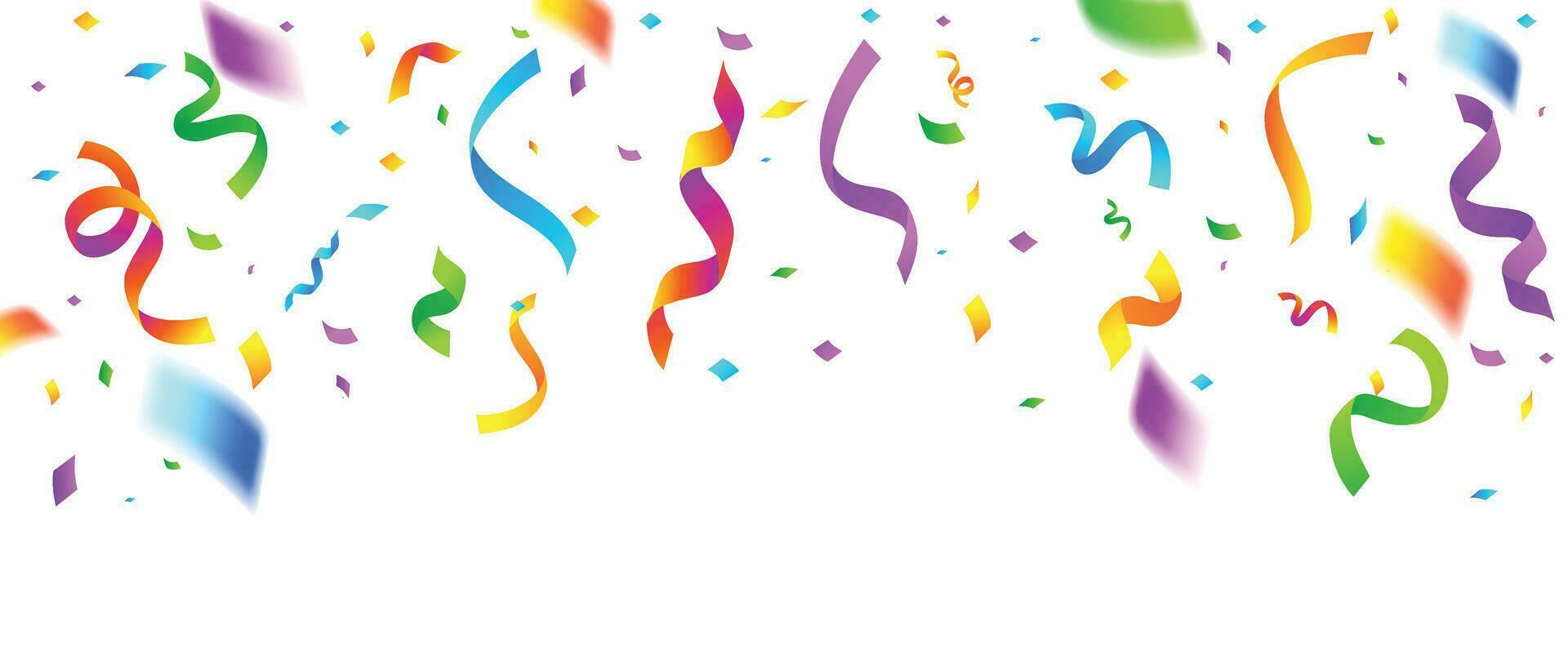 Colorful ribbon falling from above background vector. Abstract vibrant ribbon and confetti streamers template design. Celebration festival wallpaper design for opening, party, birthday, backdrop. vector