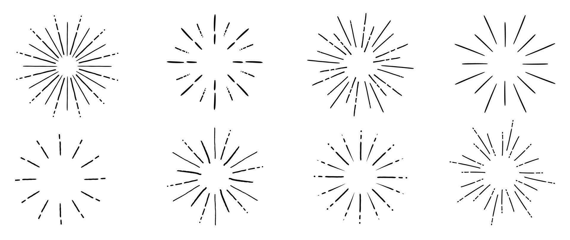 Set of cute starburst doodle element vector. Hand drawn doodle style collection of different starburst, sparkle, firework. Illustration design for print, cartoon, card, decoration, sticker, icon. vector