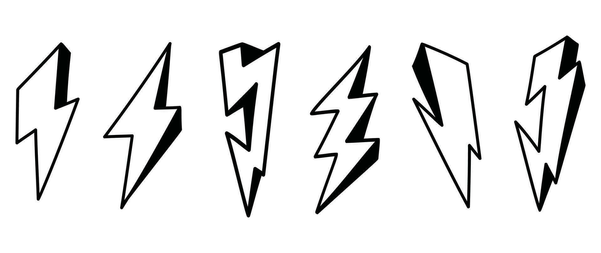 Set of thunderbolt doodle element vector. Hand drawn doodle style collection of different electric lightning bolt symbol. Illustration design for print, cartoon, card, decoration, sticker, icon. vector