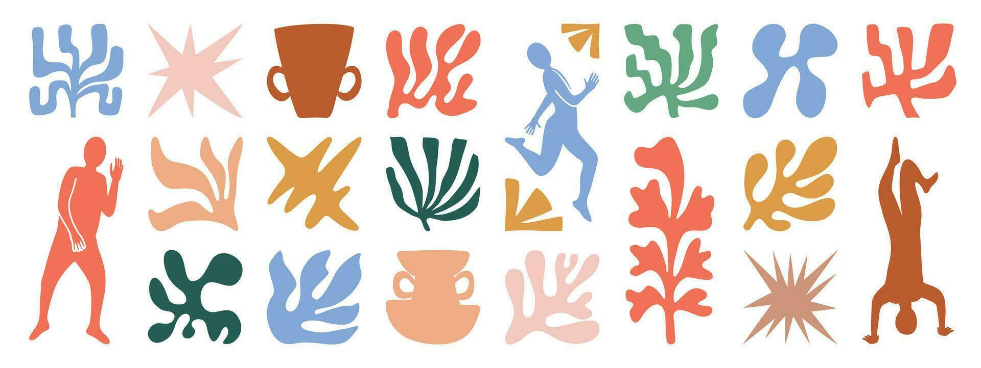 Set of abstract organic shapes inspired by matisse. Plants, leaf, people, algae, vase in paper cut collage style. Contemporary aesthetic vector element for logo, decoration, print, cover, wallpaper.