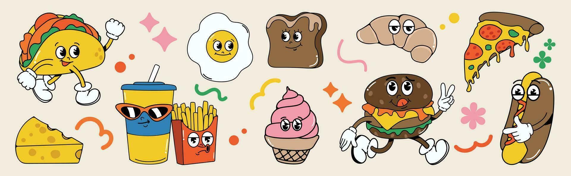 Set of 70s groovy element food and dessert concept vector. Collection of cartoon character, doodle smile face, tacos, croissant, sausage bread. Cute retro groovy hippie design for decorative, sticker. vector