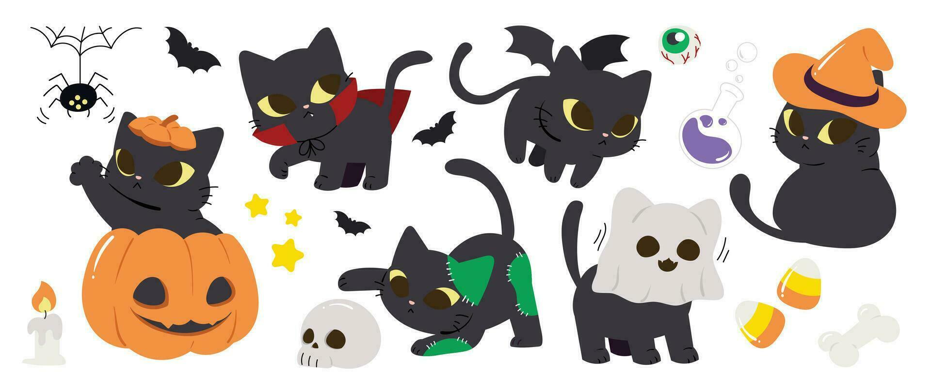 Happy Halloween day lovey pet vector. Cute collection of cats with halloween costumes, ghost, bat, pumpkin, spider. Adorable animal characters in autumn festival for decoration, prints, cover. vector