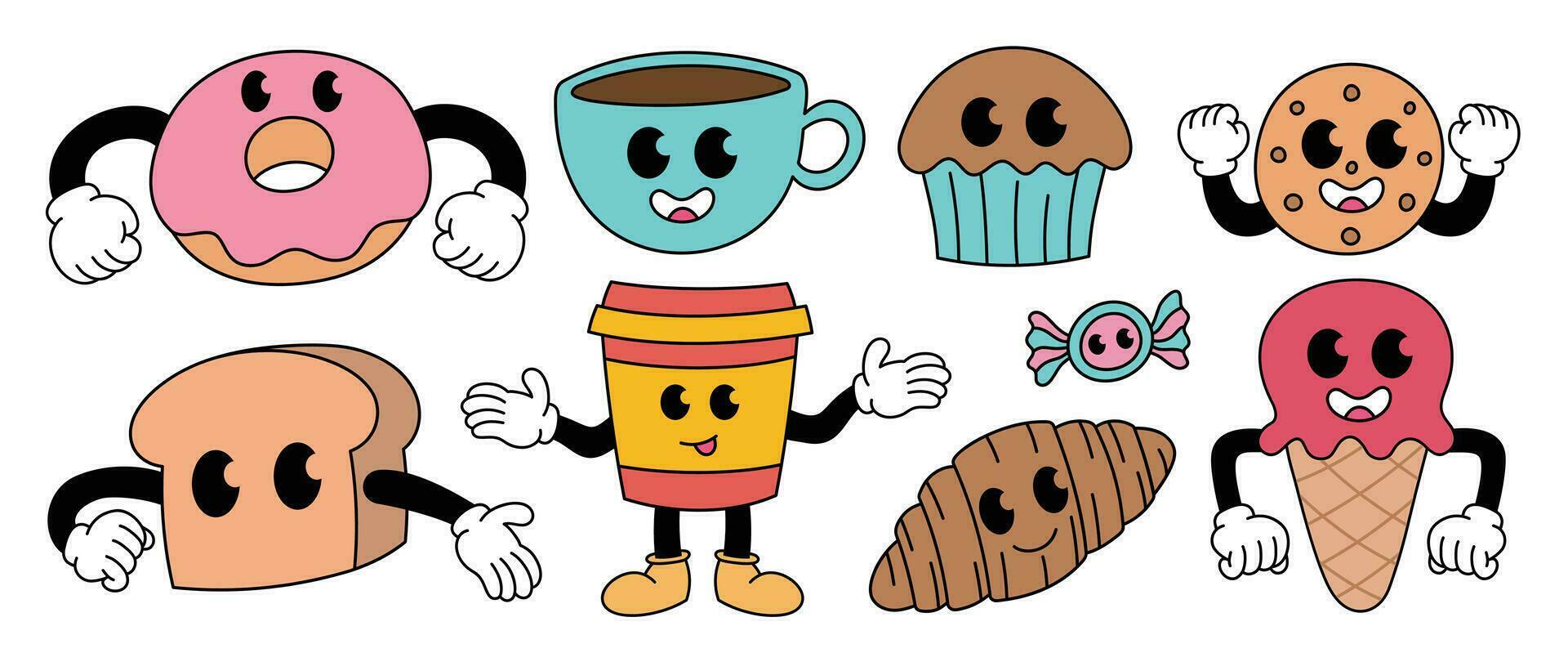 Set of 70s groovy element dessert and coffee concept vector. Collection of cartoon character, doodle smile face, donut, ice cream, croissant. Cute retro groovy hippie design for decorative, sticker. vector