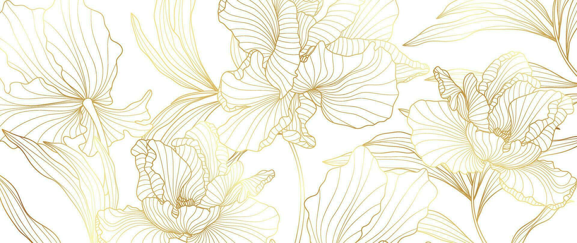 Luxury golden peony flower line art background vector. Natural botanical elegant flower with gold line art. Design illustration for decoration, wall decor, wallpaper, cover, banner, poster, card. vector
