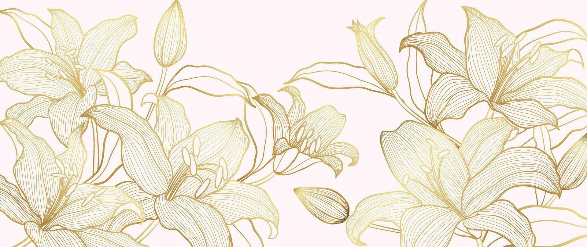 lujo dorado lirio flor línea Arte antecedentes vector. natural botánico elegante flor con oro línea Arte. diseño ilustración para decoración, pared decoración, fondo de pantalla, cubrir, bandera, póster, tarjeta. vector