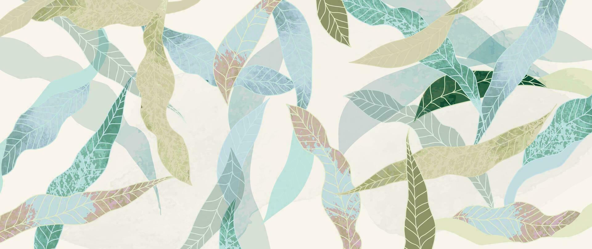 Tropical leaf line art background vector. Natural botanical leaves pattern design in linear contour, watercolor texture. Plant illustration for fabric, print, cover, banner, decoration, wallpaper. vector