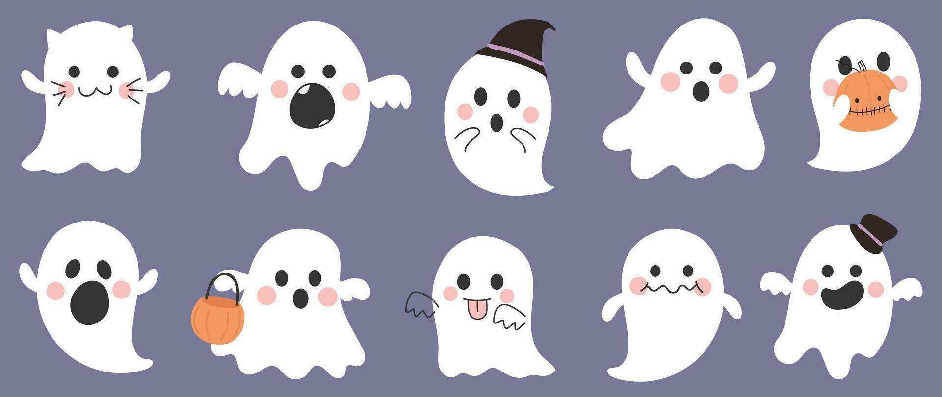 Happy Halloween day cute ghost vector. Cute collection of spooky ghost with halloween costumes, emotion, spirits. Adorable animal characters in autumn festival for decoration, prints, cover. vector