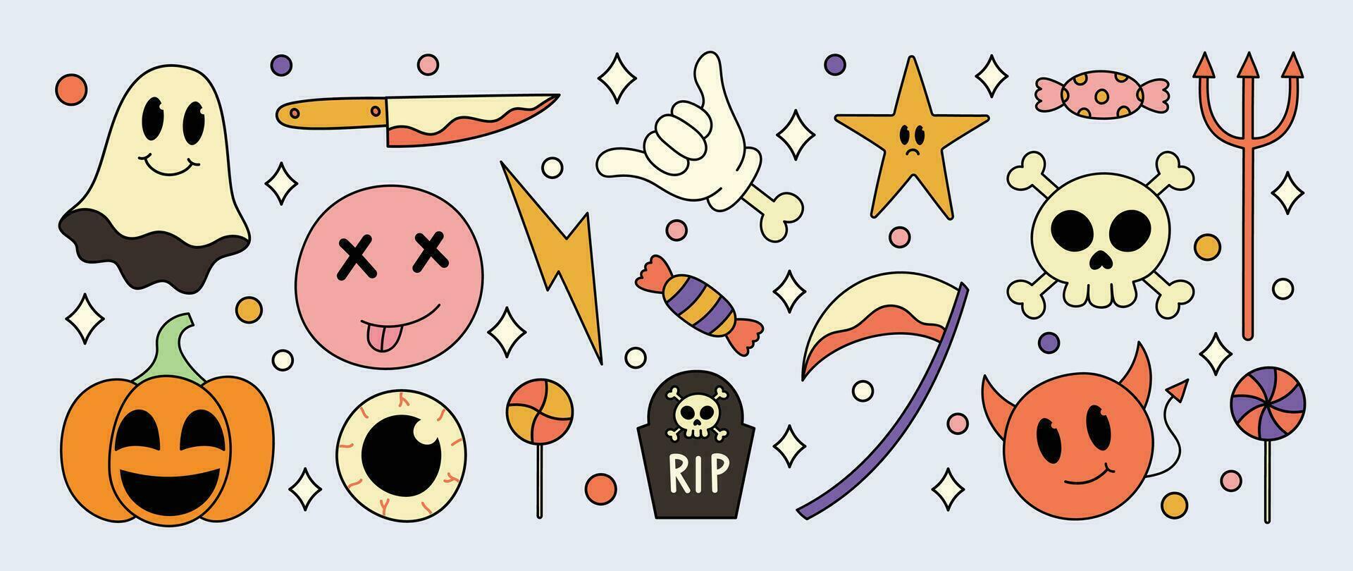 Happy Halloween day 70s groovy vector. Collection of ghost characters, doodle smile face, pumpkin, knife, skull, trident, sickle, lollipop. Cute retro groovy hippie design for decorative, sticker. vector