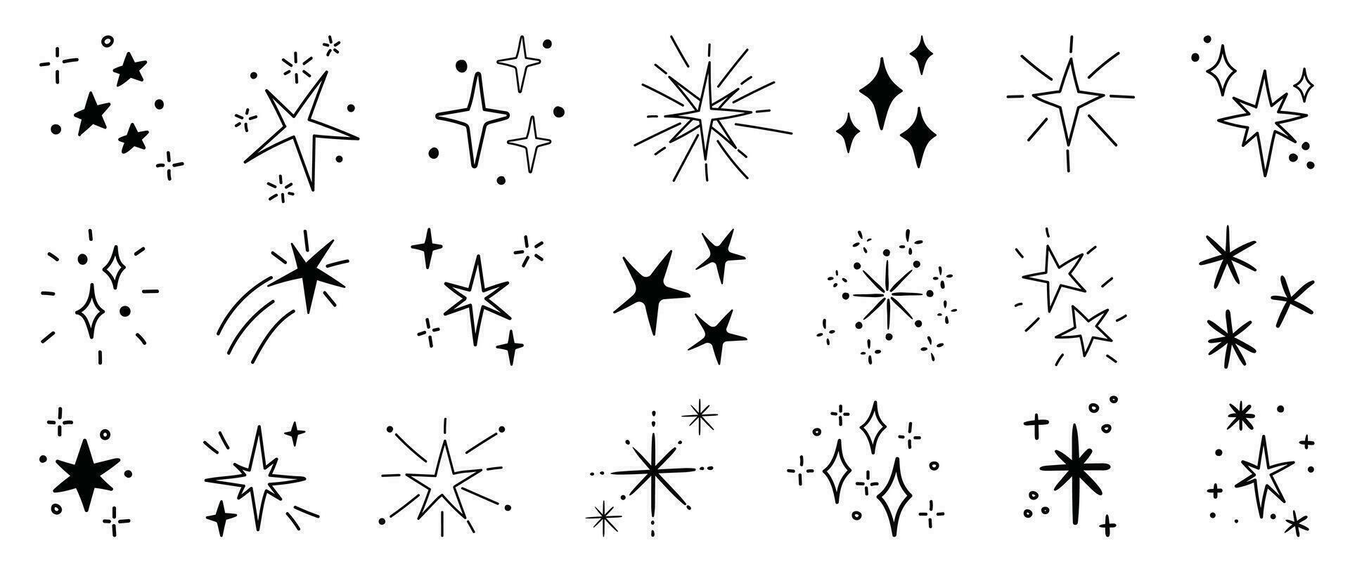 Set of cute sparkle doodle element vector. Hand drawn doodle style collection of different sparkle, firework, stars. Illustration design for print, cartoon, card, decoration, sticker, icon. vector