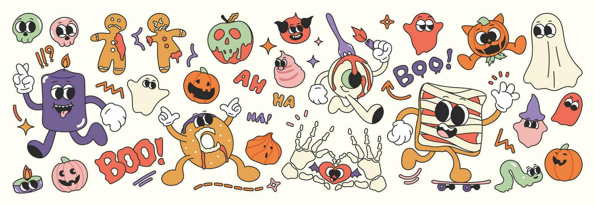 Happy Halloween day 70s groovy vector. Collection of ghost characters, doodle smile face, pumpkin, skull, bread, donut, candle, cookie. Cute retro groovy hippie design for decorative, sticker. vector