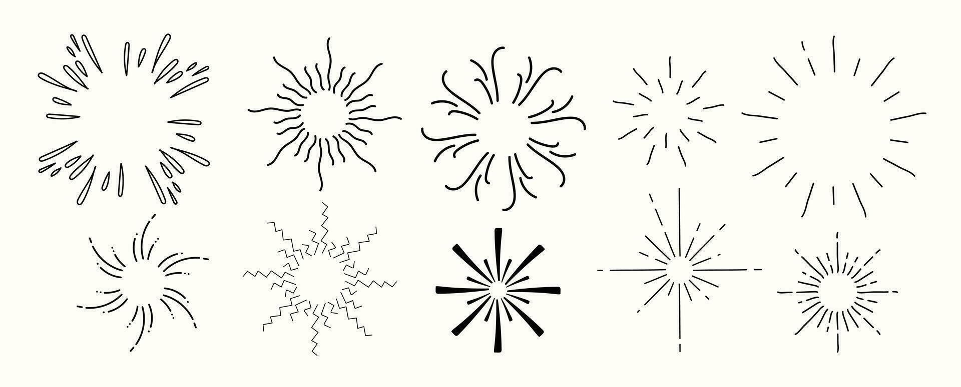 Set of cute starburst doodle element vector. Hand drawn doodle style collection of different starburst, sparkle, firework. Illustration design for print, cartoon, card, decoration, sticker, icon. vector