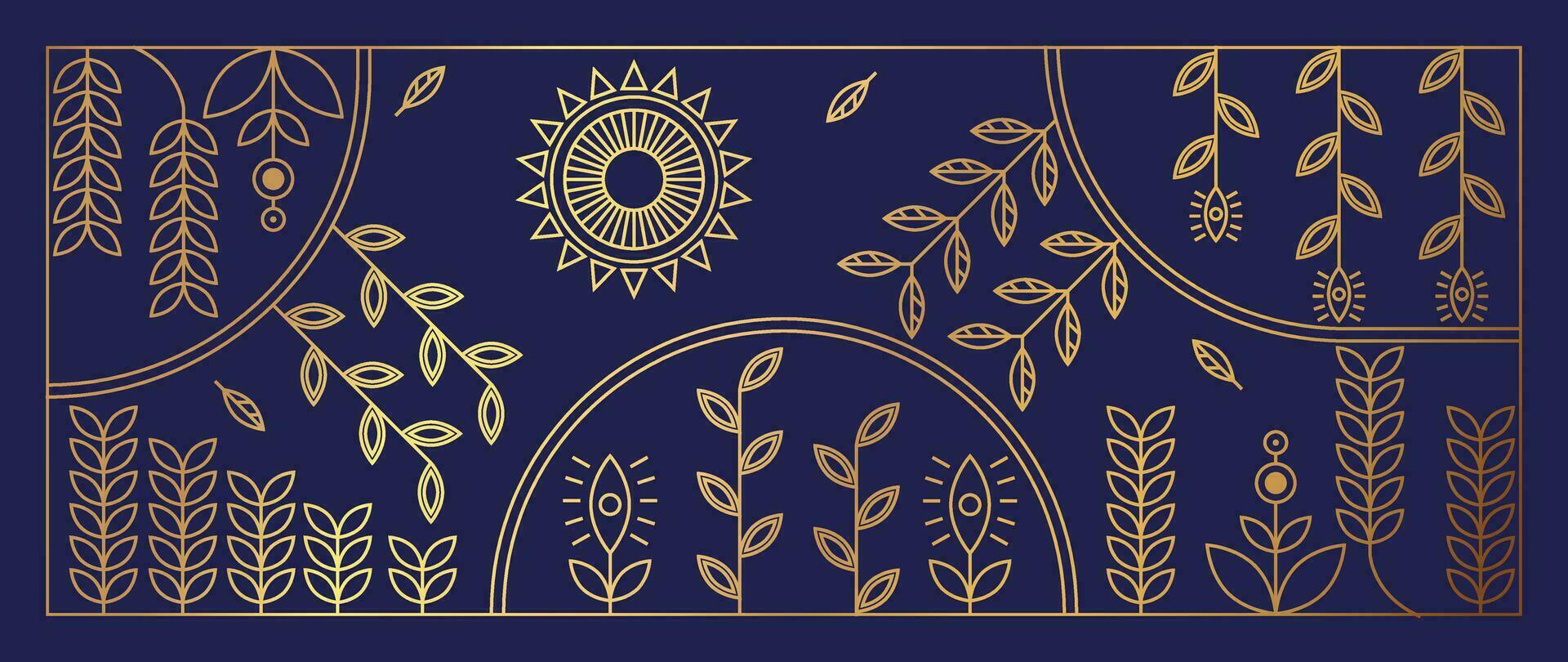 Luxury geometric gold line art and art deco background vector. Abstract geometric frame and elegant gothic art leaves, sun. Illustration design for invitation, banner, vip, interior, decoration. vector