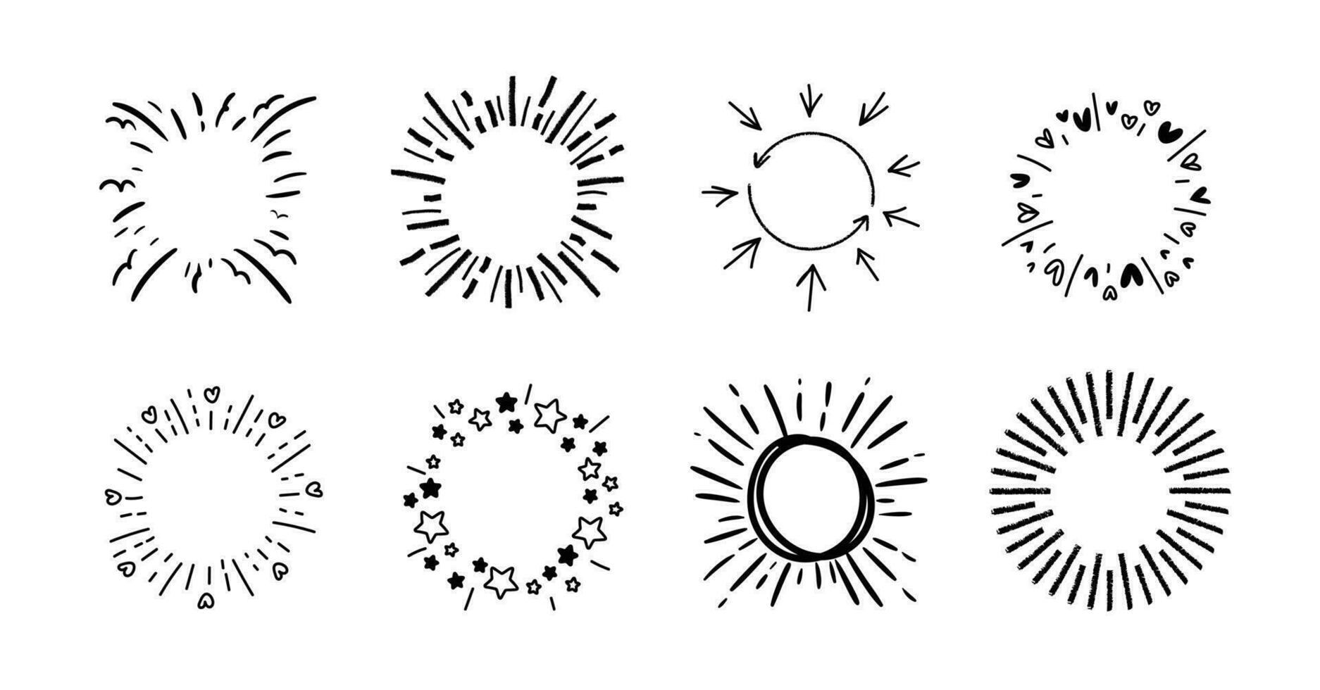 Set of cute starburst doodle element vector. Hand drawn doodle style collection of different starburst, sparkle, firework. Illustration design for print, cartoon, card, decoration, sticker, icon. vector