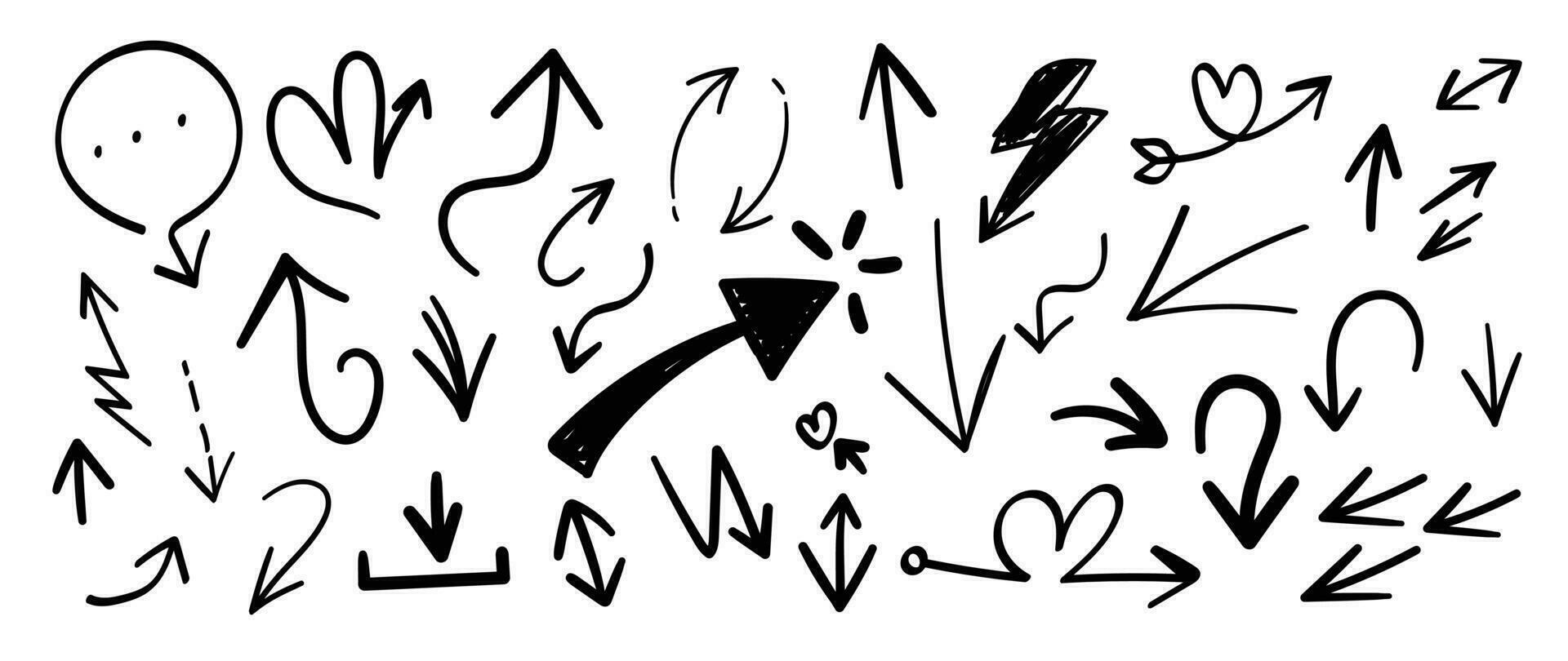 Set of arrows doodle element vector. Hand drawn doodle style collection of different arrows, pointers, pointing. Illustration design for print, cartoon, card, decoration, sticker, icon, sign. vector