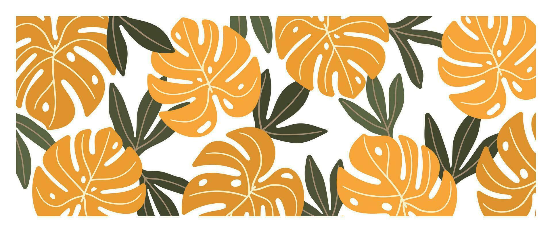 resumen follaje botánico antecedentes vector. naranja y verde color fondo de pantalla de tropical plantas, monstruo, hoja sucursales, hojas. follaje diseño para bandera, huellas dactilares, decoración, pared arte, decoración. vector