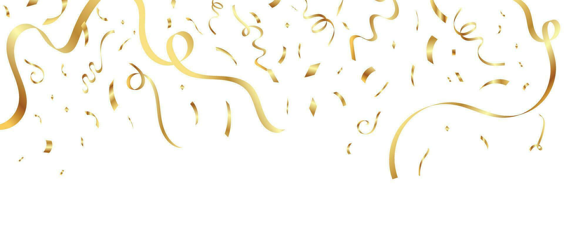 Golden ribbon falling from above background vector. Abstract vibrant ribbon and confetti streamers template design. Celebration festival wallpaper design for opening, party, birthday, backdrop. vector