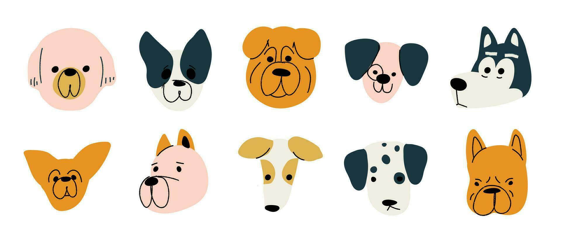 Cute and smile dog heads doodle vector set. Comic happy dog faces character design of husky, bulldog with flat color isolated on white background. Design illustration for sticker, comic, print.
