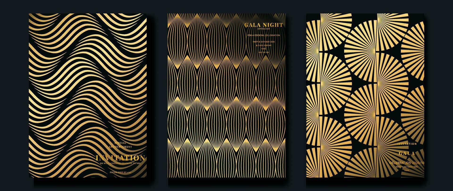Luxury gala invitation card background vector. Golden elegant wavy gold line pattern on black background. Premium design illustration for wedding and vip cover template, grand opening. vector