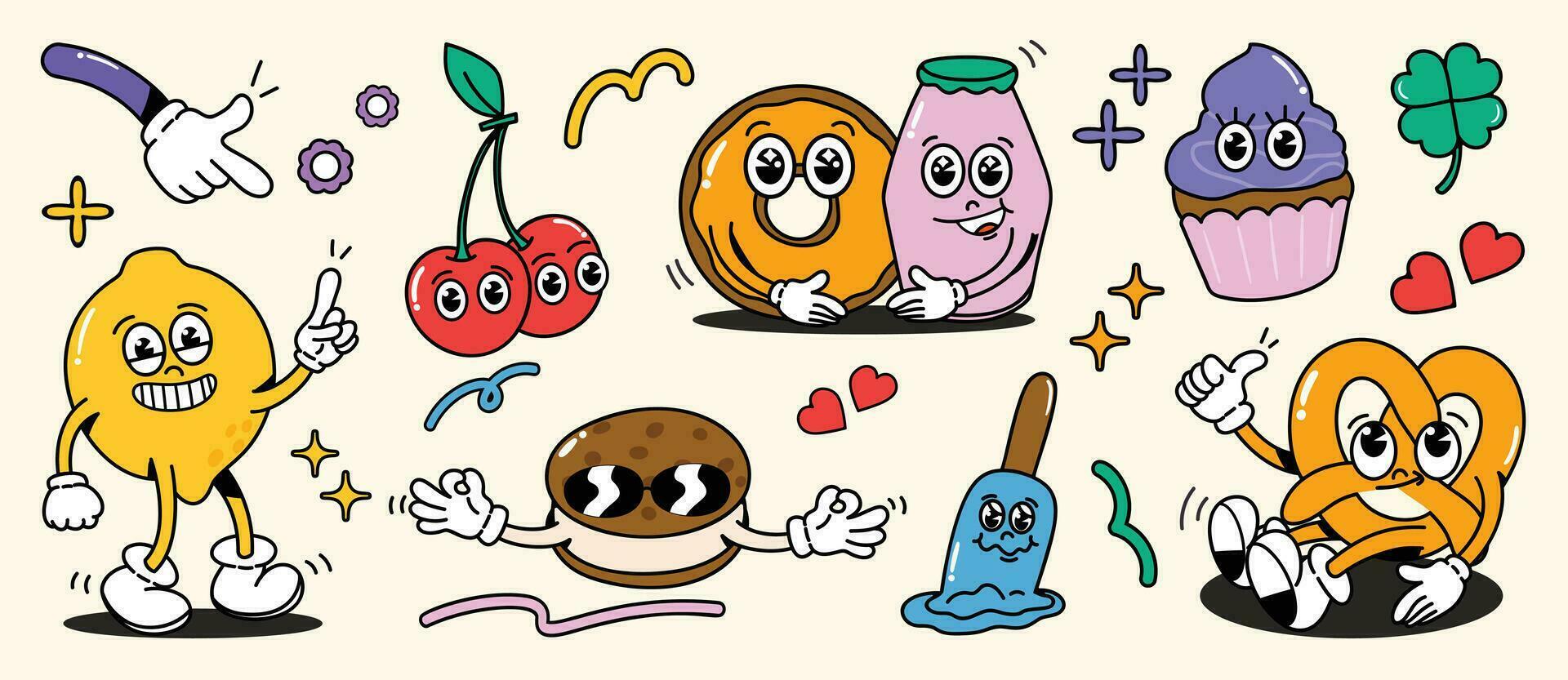 Set of 70s groovy element vector. Collection of cartoon characters, doodle smile face, lemon, cherry, donut, cupcake, ice cream, heart, leaf. Cute retro groovy hippie design for decorative, sticker. vector