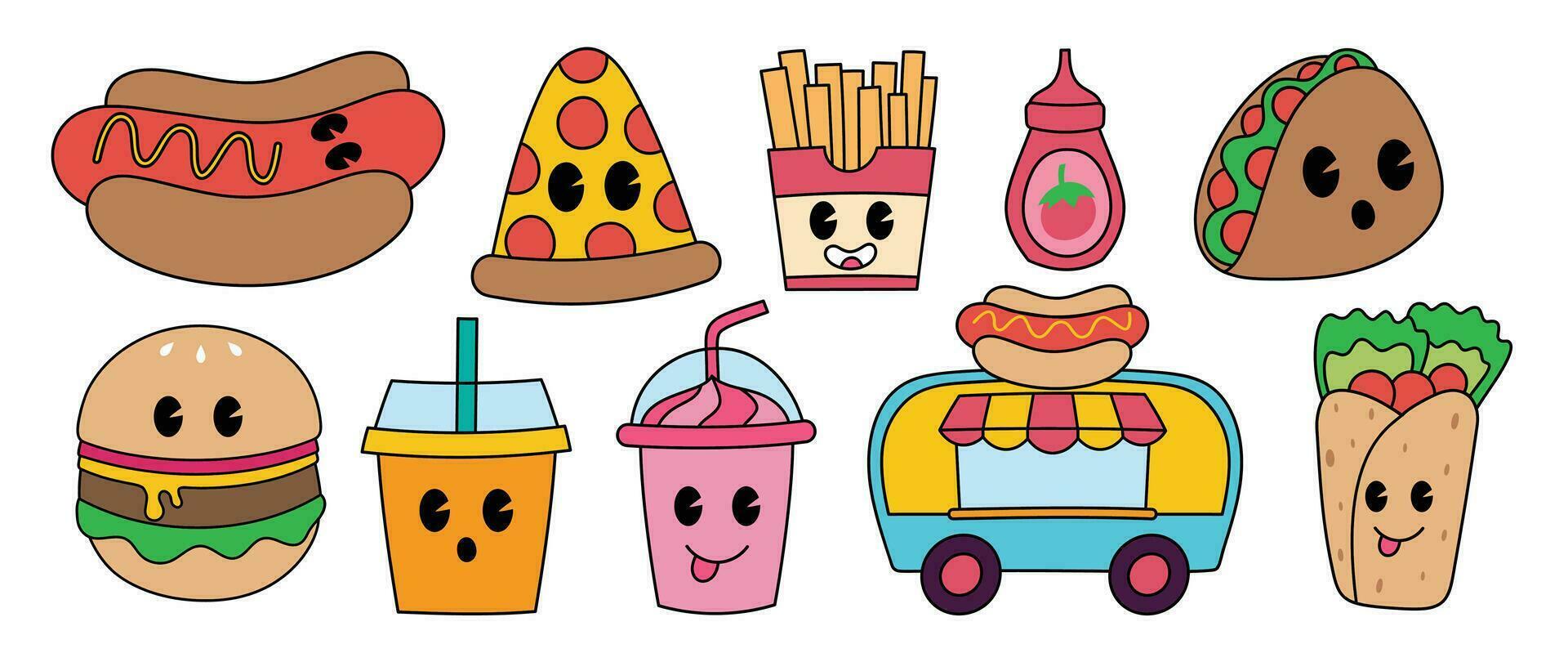 Set of 70s groovy element food truck concept vector. Collection of cartoon character, doodle smile face, hamburger, pizza, taco salad, smoothie. Cute retro groovy hippie design for decorative, sticker vector