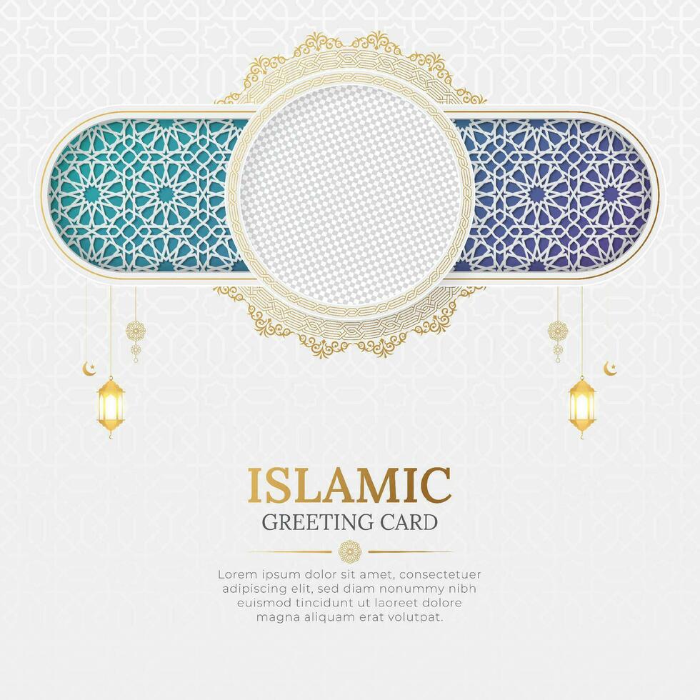 Ramadan Kareem Arabic Islamic Greeting card social media post design with arabesque border and photo frame vector