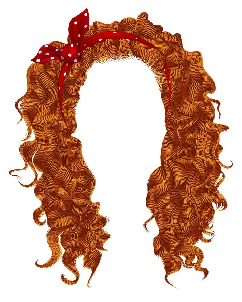 long curly hairs with red bow.   ginger redhead  colors  .  beauty fashion style . wig . vector